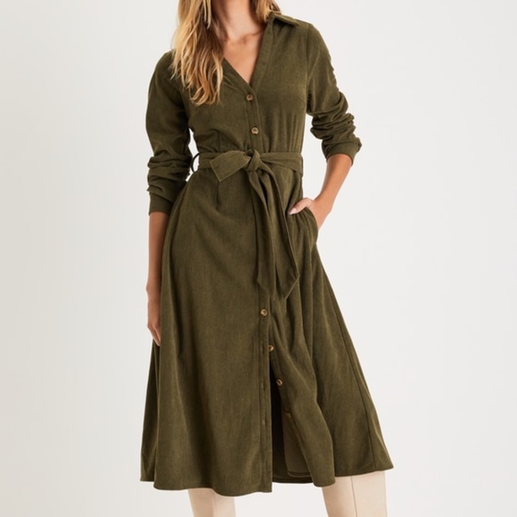 Lulus Casual Affection Olive Green Corduroy Midi Dress With Pockets - Size XL - Picture 2 of 8